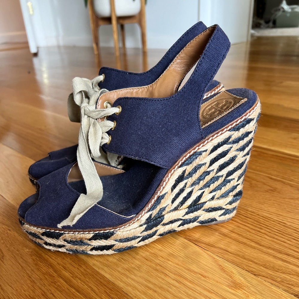 Tory Burch Linley Navy Canvas Lace-Up Espadrille Wedges